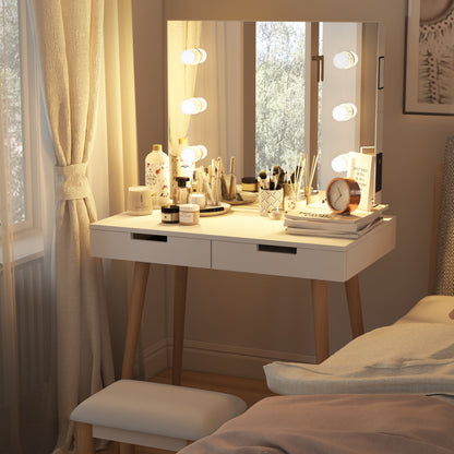 GLSCASA Wooden Vanity Table Makeup Dressing Desk with LED Light,White