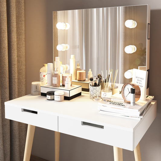 GLSCASA Wooden Vanity Table Makeup Dressing Desk with LED Light,White