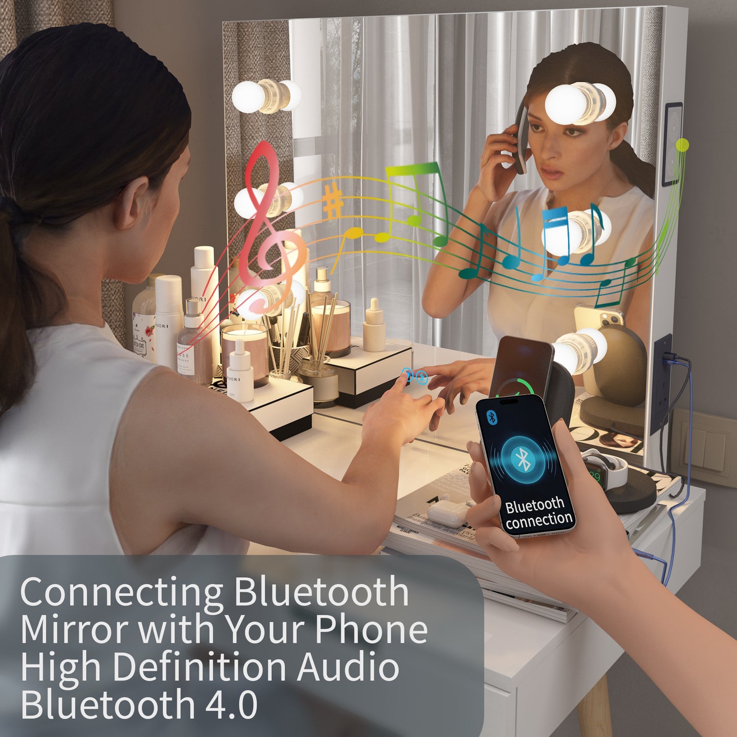 GLSCASA Wooden Vanity Table Makeup Dressing Desk with LED Light,White