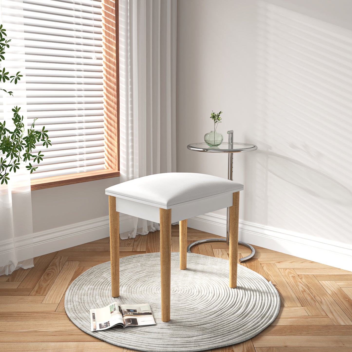 GLSCASA Wooden Vanity Stool Makeup Dressing Stool with PU Seat,White