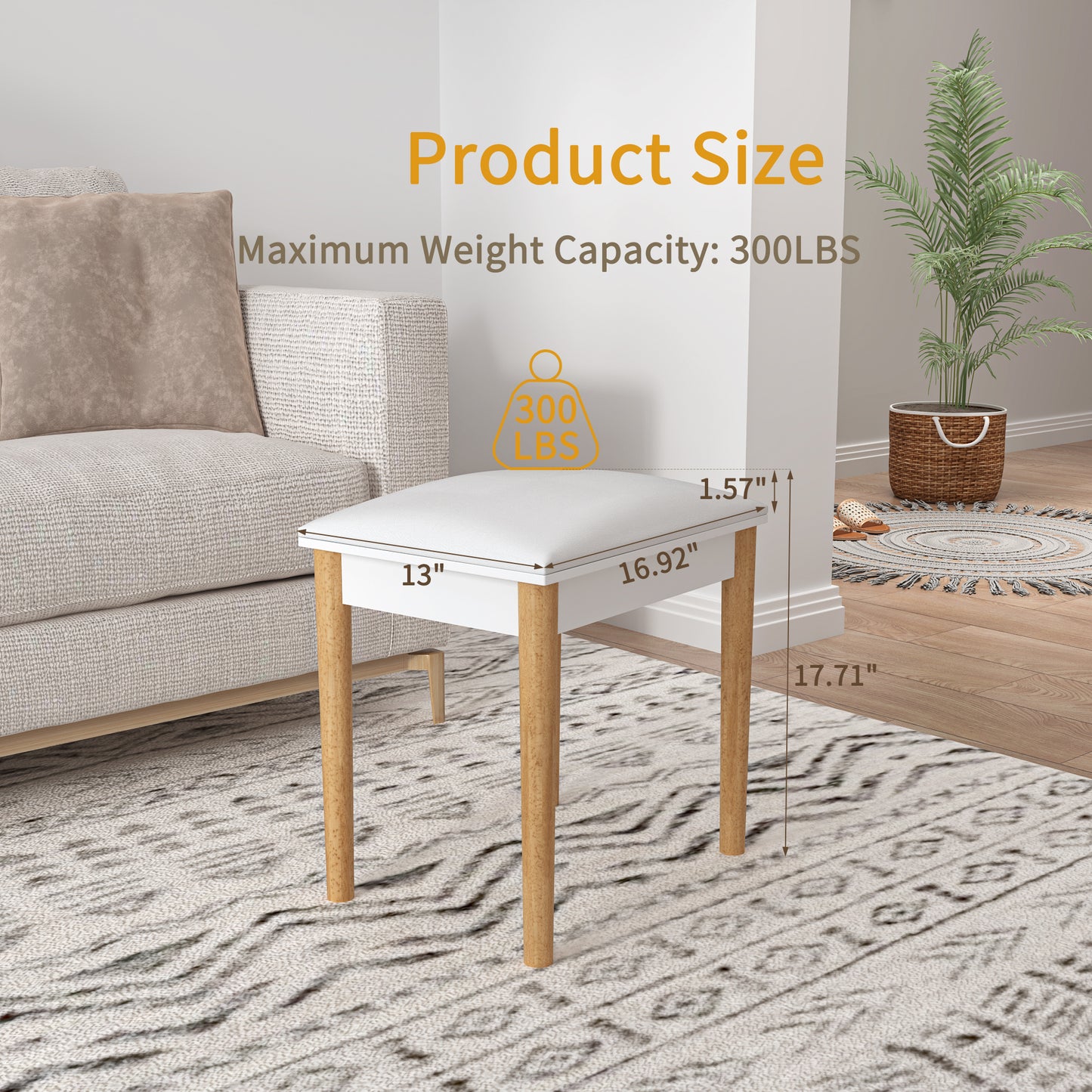 GLSCASA Wooden Vanity Stool Makeup Dressing Stool with PU Seat,White