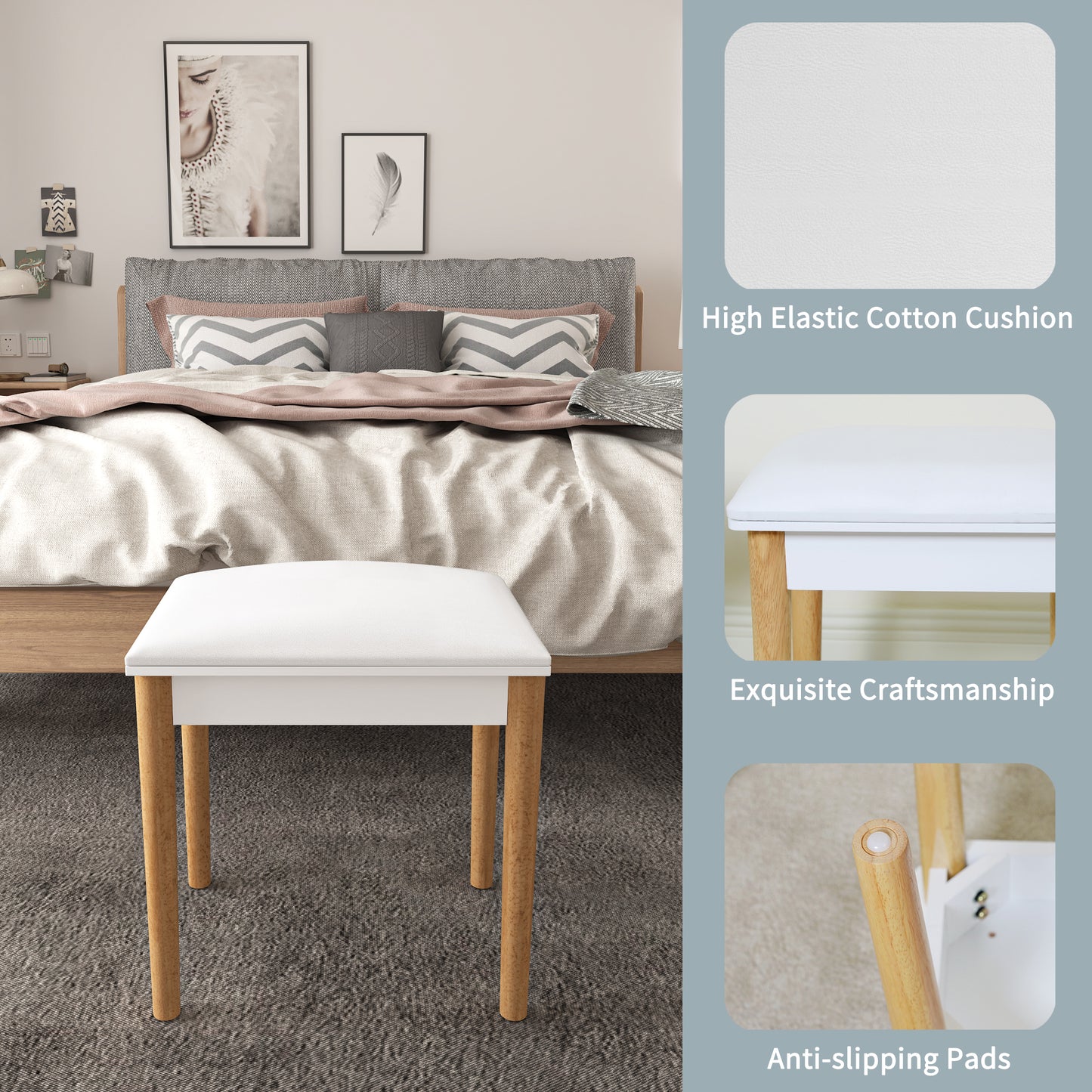 GLSCASA Wooden Vanity Stool Makeup Dressing Stool with PU Seat,White