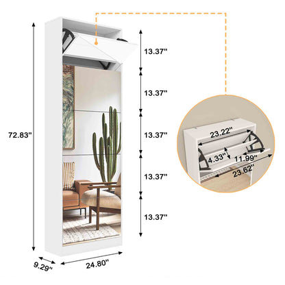 Shoe Storage Cabinet With Full Length Mirror,Wooden Freestanding Shoe Rack Organizer With 5 Tiers Flip Drawers and 30 Pair, Tall Narrow Shoe Cabinet For Entryway, Hallway, Bedroom, Closet, Living Room (White)