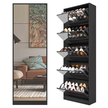 Shoe Storage Cabinet With Full Length Mirror,Wooden Freestanding Shoe Rack Organizer With 5 Tiers Flip Drawers & 30 Pair, Tall Narrow Shoe Cabinet For Entryway, Hallway, Bedroom, Closet, Living Room (Black)