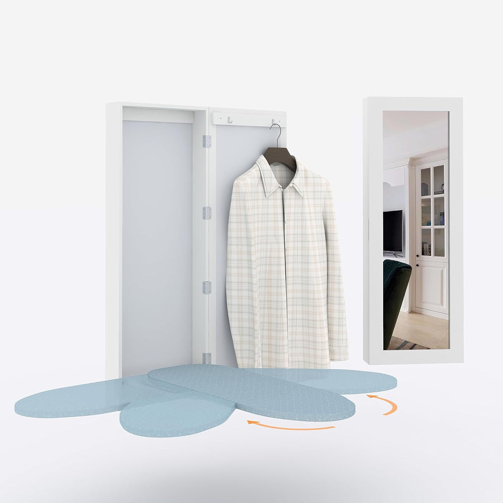 White Slim Wall-Mounted Ironing Board Cabinet with Mirror, 180° Swivel Foldable Ironing Board, Magnetic Door & Storage