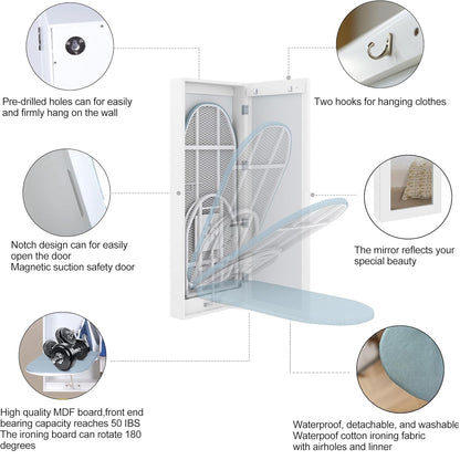 White Slim Wall-Mounted Ironing Board Cabinet with Mirror, 180° Swivel Foldable Ironing Board, Magnetic Door & Storage