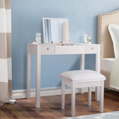 White Vanity Table with Flip-Top Mirror, 2 Drawers and Jewelry Storage, Makeup Dressing Table for Women