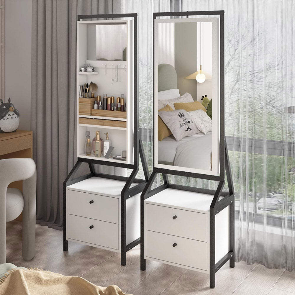 360° Swivel Jewelry Armoire with Full-Length Makeup Mirror, 2 Bottom Drawers, Spacious Storage, Hand-Painted White Finish