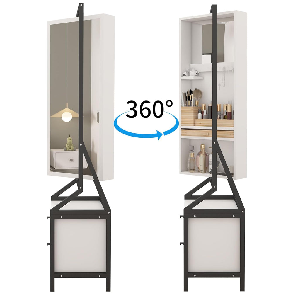 360° Swivel Jewelry Armoire with Full-Length Makeup Mirror, 2 Bottom Drawers, Spacious Storage, Hand-Painted White Finish