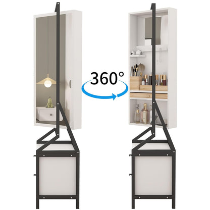 360° Swivel Jewelry Armoire with Full-Length Makeup Mirror, 2 Bottom Drawers, Spacious Storage, Hand-Painted White Finish