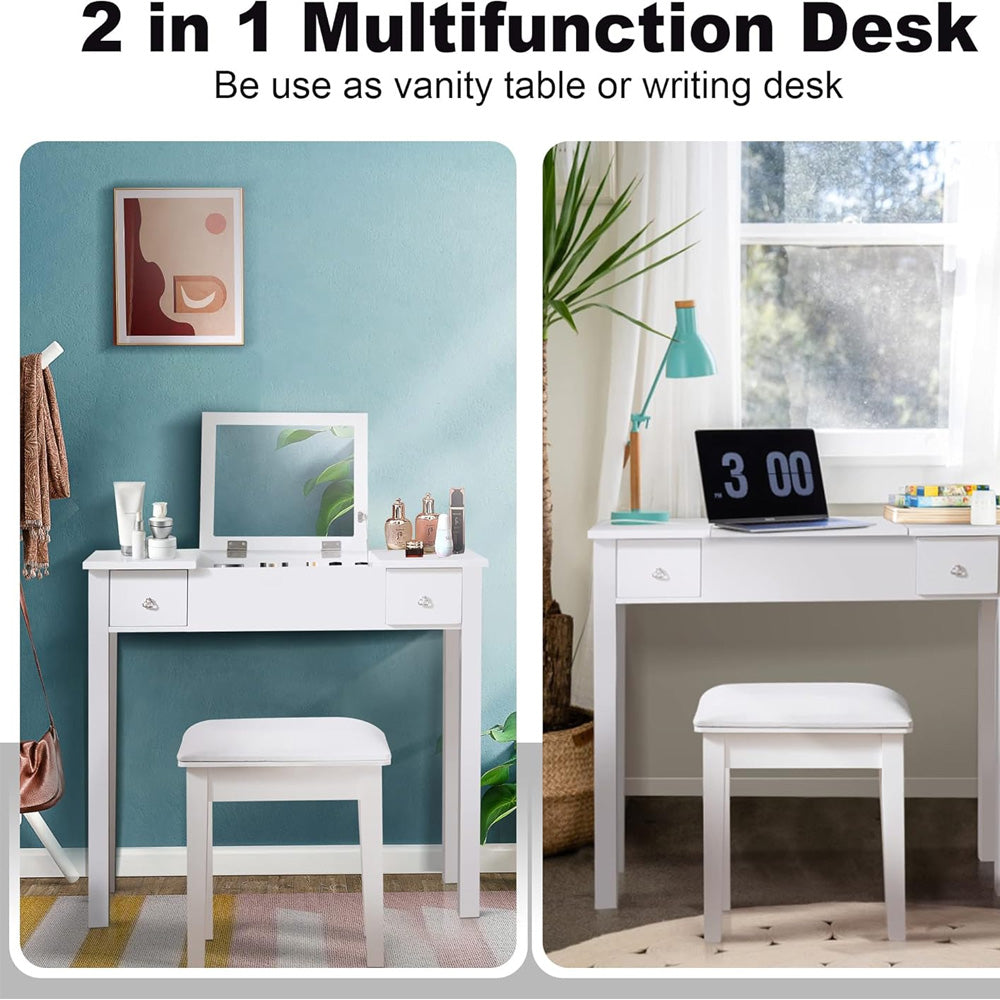 White Vanity Table with Flip-Top Mirror, 2 Drawers and Jewelry Storage, Makeup Dressing Table for Women