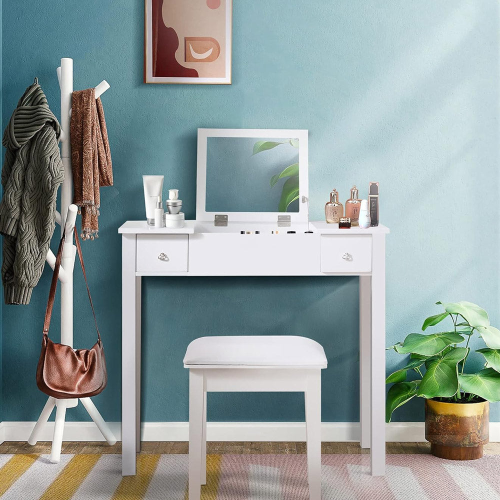 White Vanity Table with Flip-Top Mirror, 2 Drawers and Jewelry Storage, Makeup Dressing Table for Women