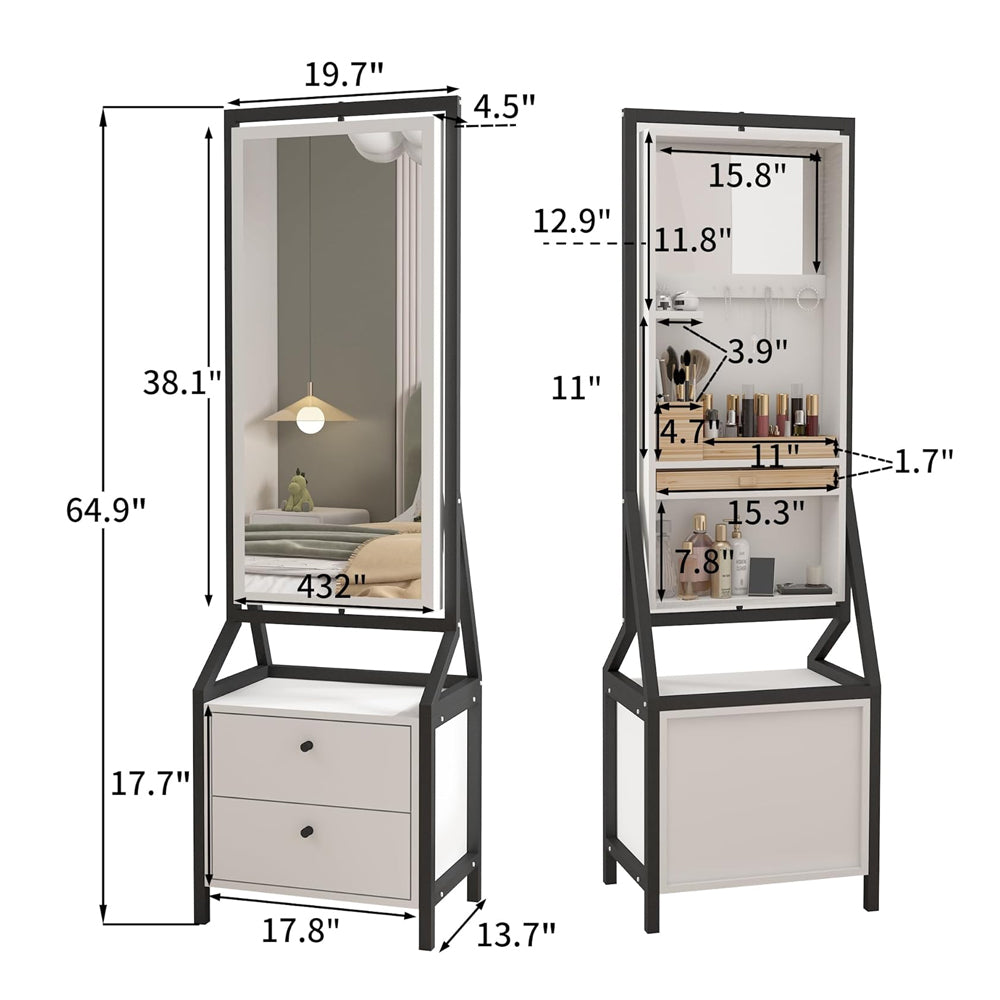 360° Swivel Jewelry Armoire with Full-Length Makeup Mirror, 2 Bottom Drawers, Spacious Storage, Hand-Painted White Finish