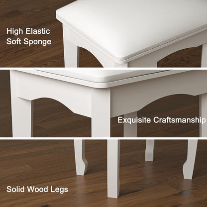 Square Vanity Stool Chair with High Elastic Cotton Cushion, Modern Padded Makeup Bench, White Ottoman for Bathroom, Living Room, Piano Use