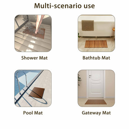 Teak Wood Bath Mat, Non Slip Bathroom Floor Mat for Spa, Bathtub and Outdoor, Roll Up for Easy Storage, L23.62"xW15.75"XH0.24"
