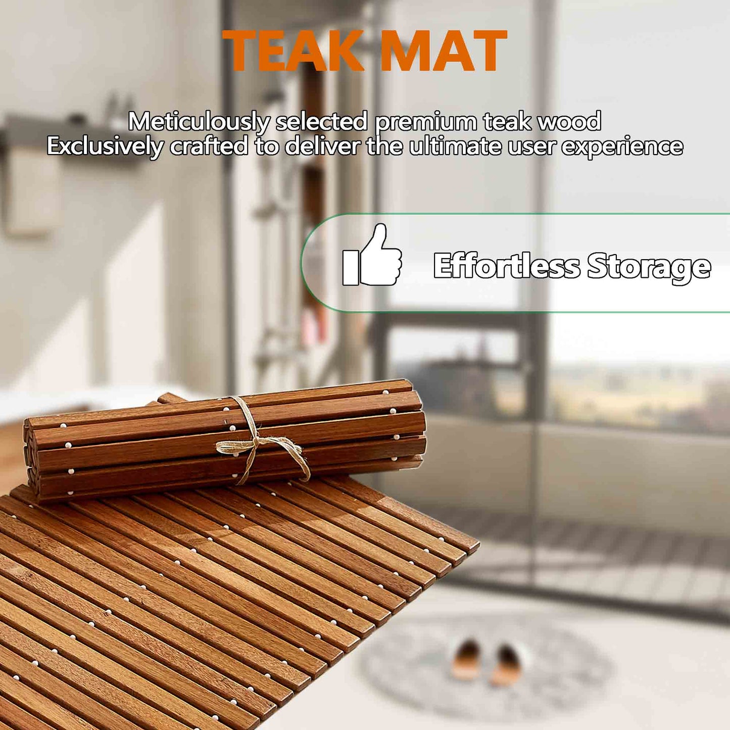 Teak Wood Bath Mat, Non Slip Bathroom Floor Mat for Spa, Bathtub and Outdoor, Roll Up for Easy Storage, L23.62"xW15.75"XH0.24"