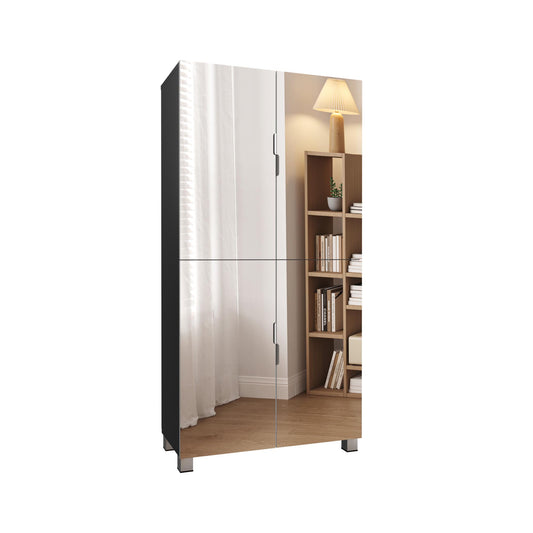 Shoe Cabinet with 4 Mirror Doors, 6 Adjustable Shelves & ample space for Closet, Entryway, Hallway, Black ( 24.8"L x 13.2"W x 50.3"H)