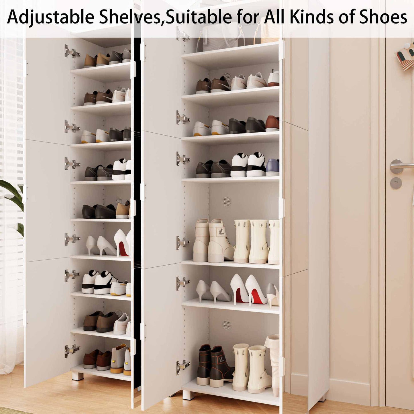 Full Body Length Mirror Shoe Cabinet with 6 Doors, Adjustable Shelves and Large Space for Foyer, Hallway, Front Entrance, White