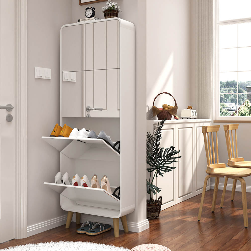 Mirror Shoe Cabinet with 4 Flip Drawers, Wooden Shoe Organizer with Solid Wood Legs, Full Length Mirror Shoe Rack, Narrow Shoe Storage Cabinet for Entryway, White