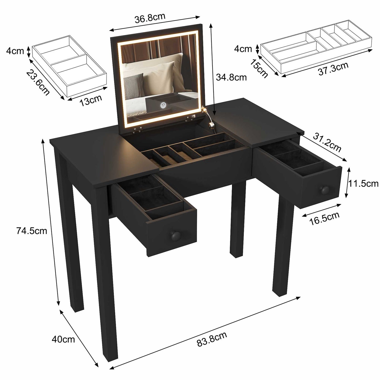 Black Vanity Desk with Flip-Top LED Mirror , Small Makeup Table with 2 Drawers & Storage for Bedroom