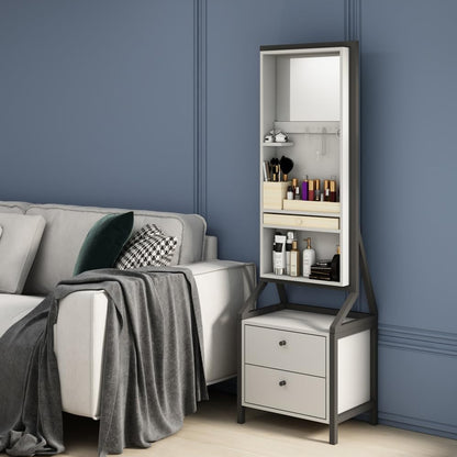 360° Swivel Jewelry Armoire with Full-Length Makeup Mirror, 2 Bottom Drawers, Spacious Storage, Hand-Painted White Finish