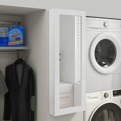 White Slim Wall-Mounted Ironing Board Cabinet with Mirror, 180° Swivel Foldable Ironing Board, Magnetic Door & Storage