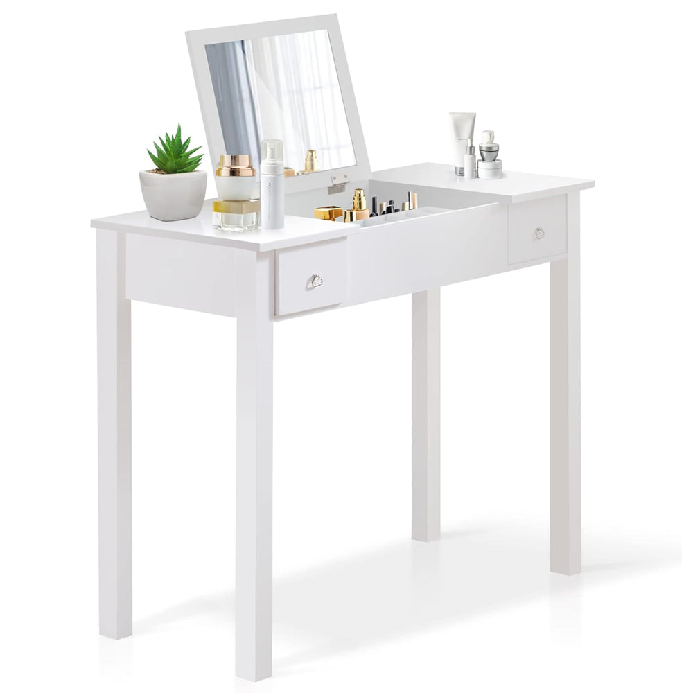 White Vanity Table with Flip-Top Mirror, 2 Drawers and Jewelry Storage, Makeup Dressing Table for Women
