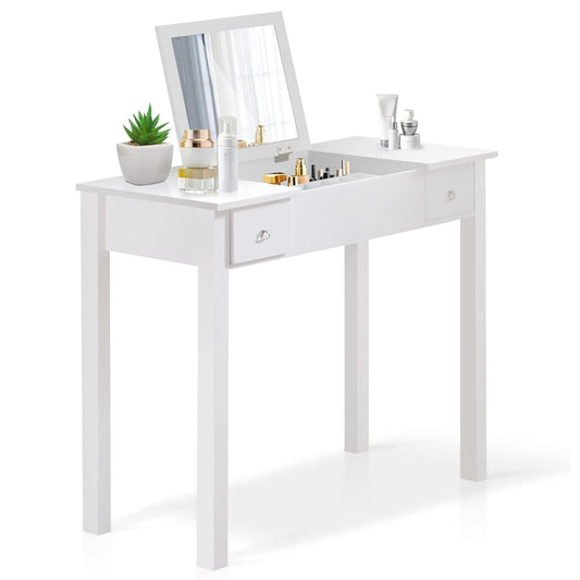 White Vanity Table with Flip-Top Mirror, 2 Drawers and Jewelry Storage, Makeup Dressing Table for Women