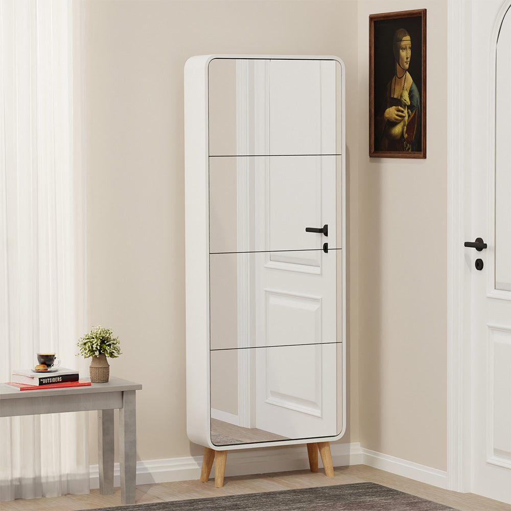 Mirror Shoe Cabinet with 4 Flip Drawers, Wooden Shoe Organizer with Solid Wood Legs, Full Length Mirror Shoe Rack, Narrow Shoe Storage Cabinet for Entryway, White