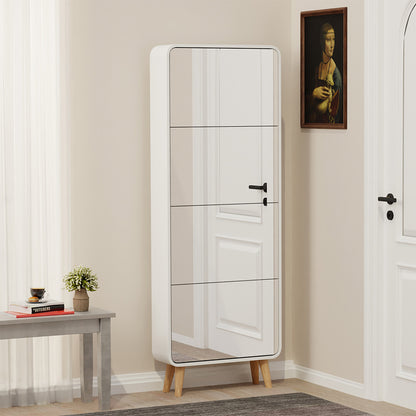 Mirror Shoe Cabinet with 4 Flip Drawers, Wooden Shoe Organizer with Solid Wood Legs, Full Length Mirror Shoe Rack, Narrow Shoe Storage Cabinet for Entryway, White