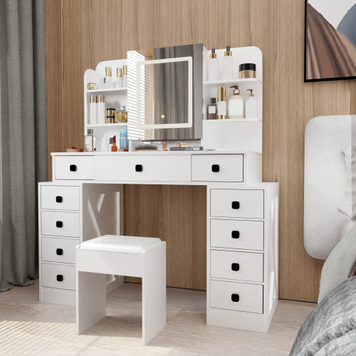 Farmhouse Vanity Desk with Sliding Mirror,Lights and Charging Station,Makeup Table Desk with Dimmable LED light,Vanity Makeup Table with Sponge Soft Stool,White Finish