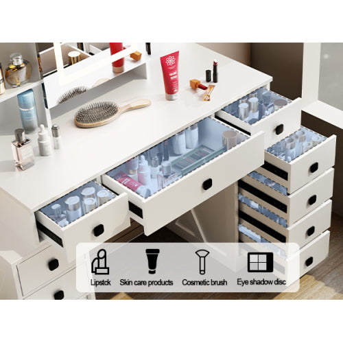 Farmhouse Vanity Desk with Sliding Mirror,Lights and Charging Station,Makeup Table Desk with Dimmable LED light,Vanity Makeup Table with Sponge Soft Stool,White Finish