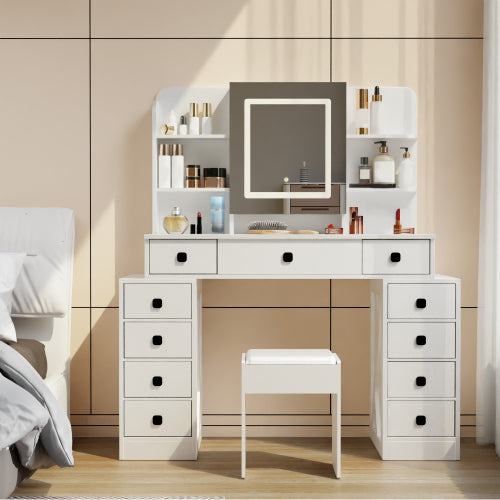 Farmhouse Vanity Desk with Sliding Mirror,Lights and Charging Station,Makeup Table Desk with Dimmable LED light,Vanity Makeup Table with Sponge Soft Stool,White Finish