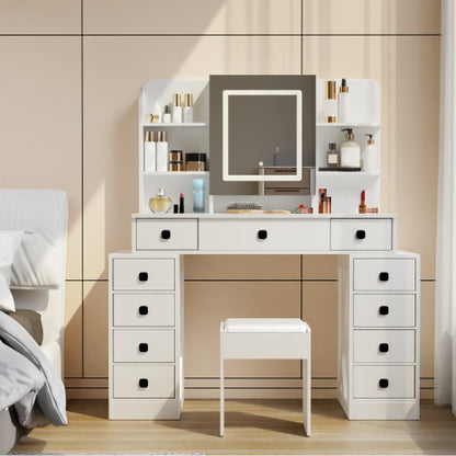 Farmhouse Vanity Desk with Sliding Mirror,Lights and Charging Station,Makeup Table Desk with Dimmable LED light,Vanity Makeup Table with Sponge Soft Stool,White Finish