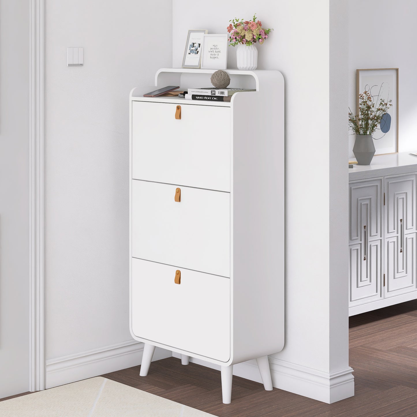Modern Arc Design Shoe Cabinet With 3 Drawers,Shoe Storage Cabinet for Entryway,Outdoor,White Finish