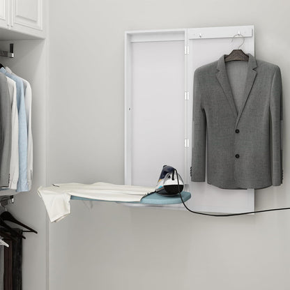White Slim Wall-Mounted Ironing Board Cabinet with Mirror, 180° Swivel Foldable Ironing Board, Magnetic Door & Storage