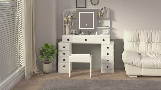 Farmhouse Vanity Desk with Sliding Lighted Mirror & Charging Station – Makeup Table with 3-Color Dimmable LED Lights, Storage Cabinet & Cushion Stool for Bedroom