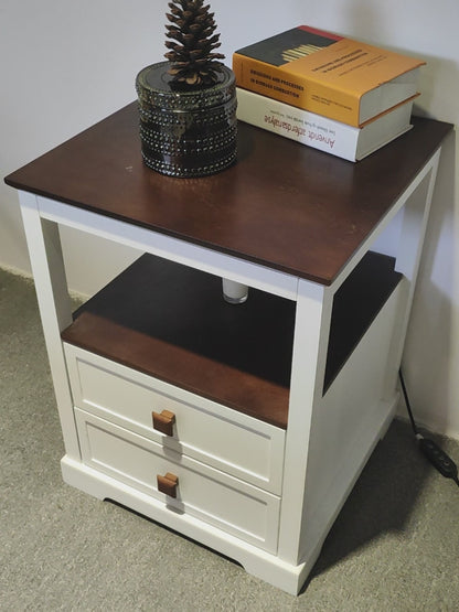 Smart Nightstand with Dimmable Aromatherapy Lamp & Timer, Modern Farmhouse End Table with 2 Drawers