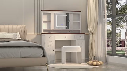 Farmhouse Vanity Desk with Sliding Mirror,Lights and Charging Station,Makeup Table Desk with Dimmable Led Light,Vanity Makeup Table with Sponge Soft Stool,White+Brown Finish
