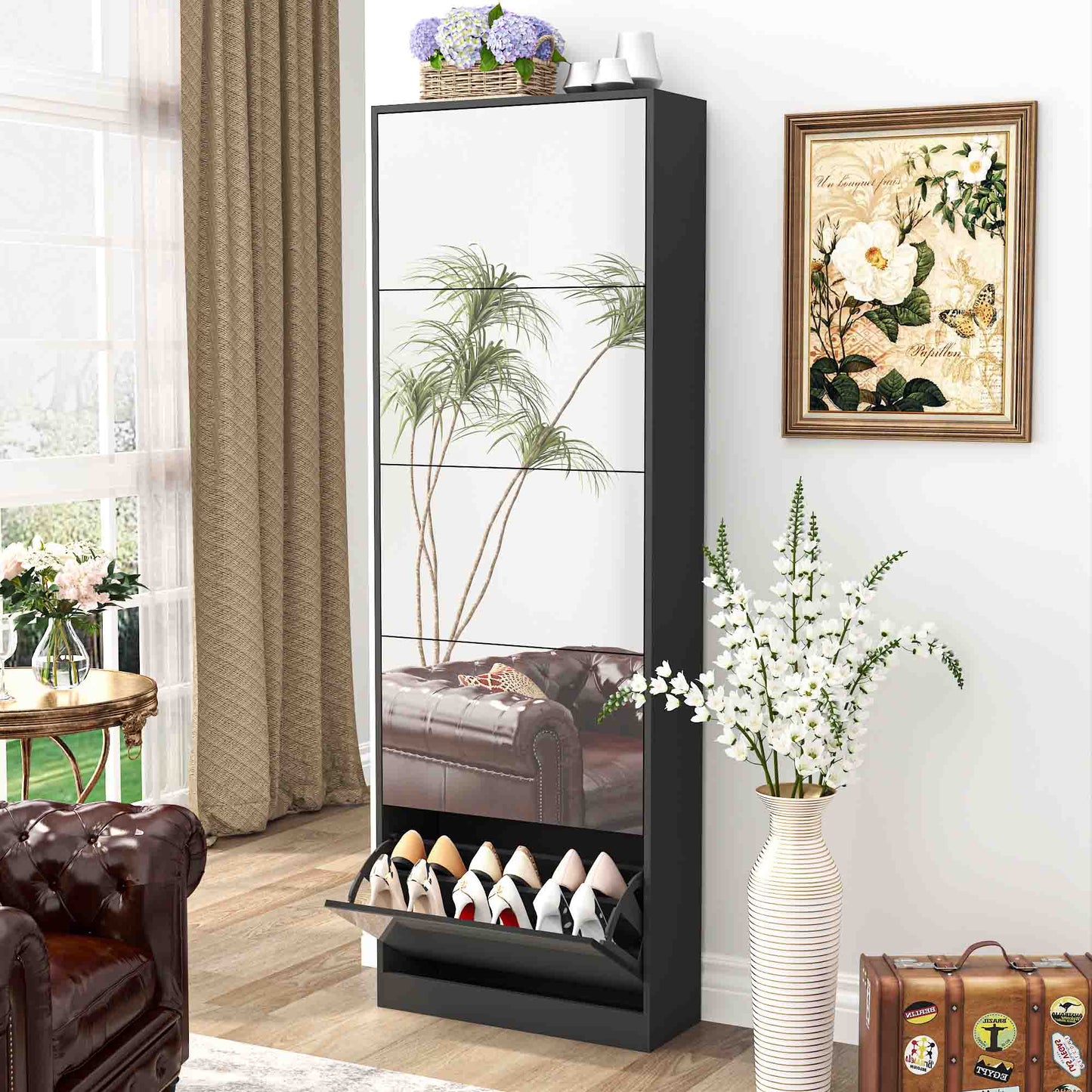 Shoe Storage Cabinet With Full Length Mirror,Wooden Freestanding Shoe Rack Organizer With 5 Tiers Flip Drawers & 30 Pair, Tall Narrow Shoe Cabinet For Entryway, Hallway, Bedroom, Closet, Living Room (Black)