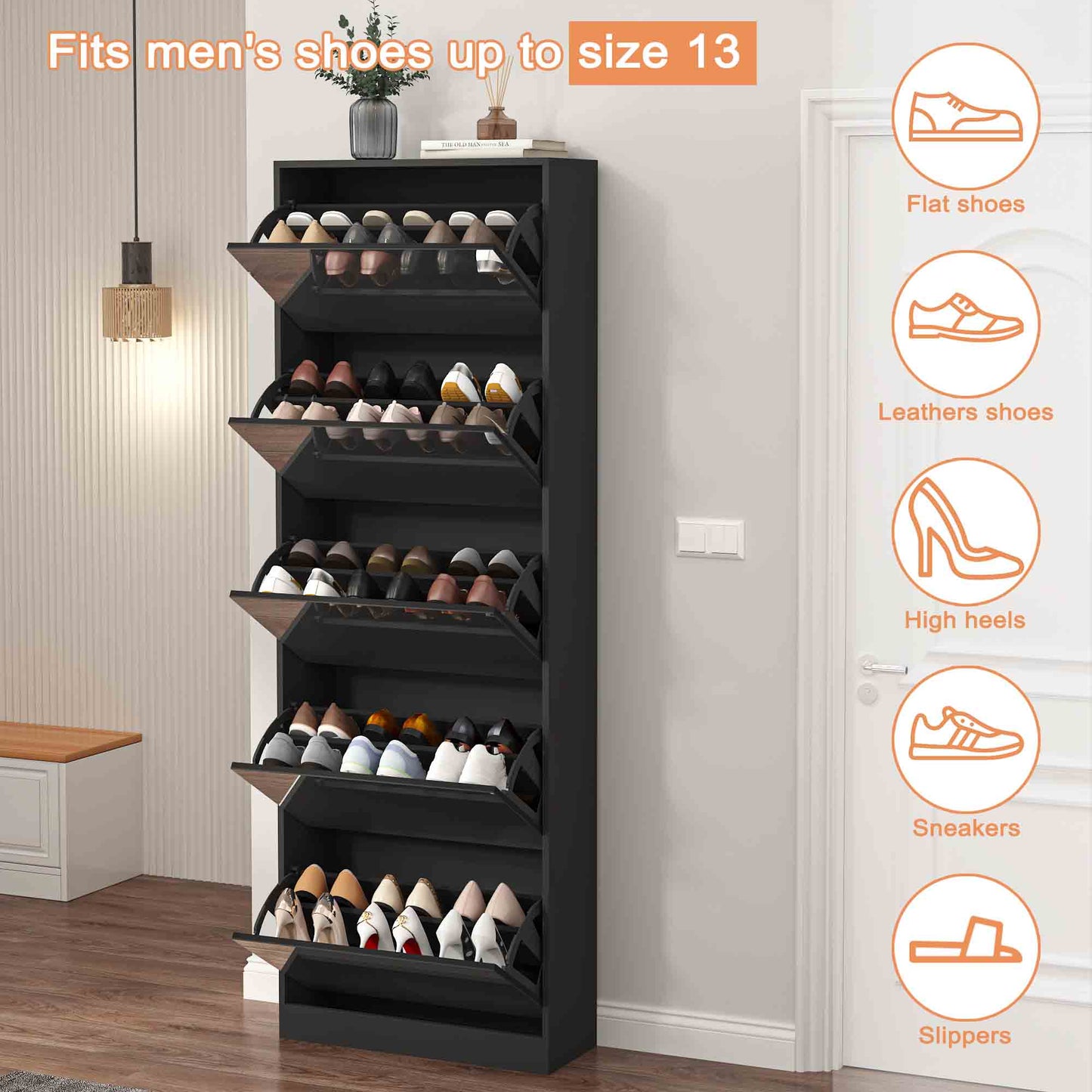 Shoe Storage Cabinet With Full Length Mirror,Wooden Freestanding Shoe Rack Organizer With 5 Tiers Flip Drawers & 30 Pair, Tall Narrow Shoe Cabinet For Entryway, Hallway, Bedroom, Closet, Living Room (Black)