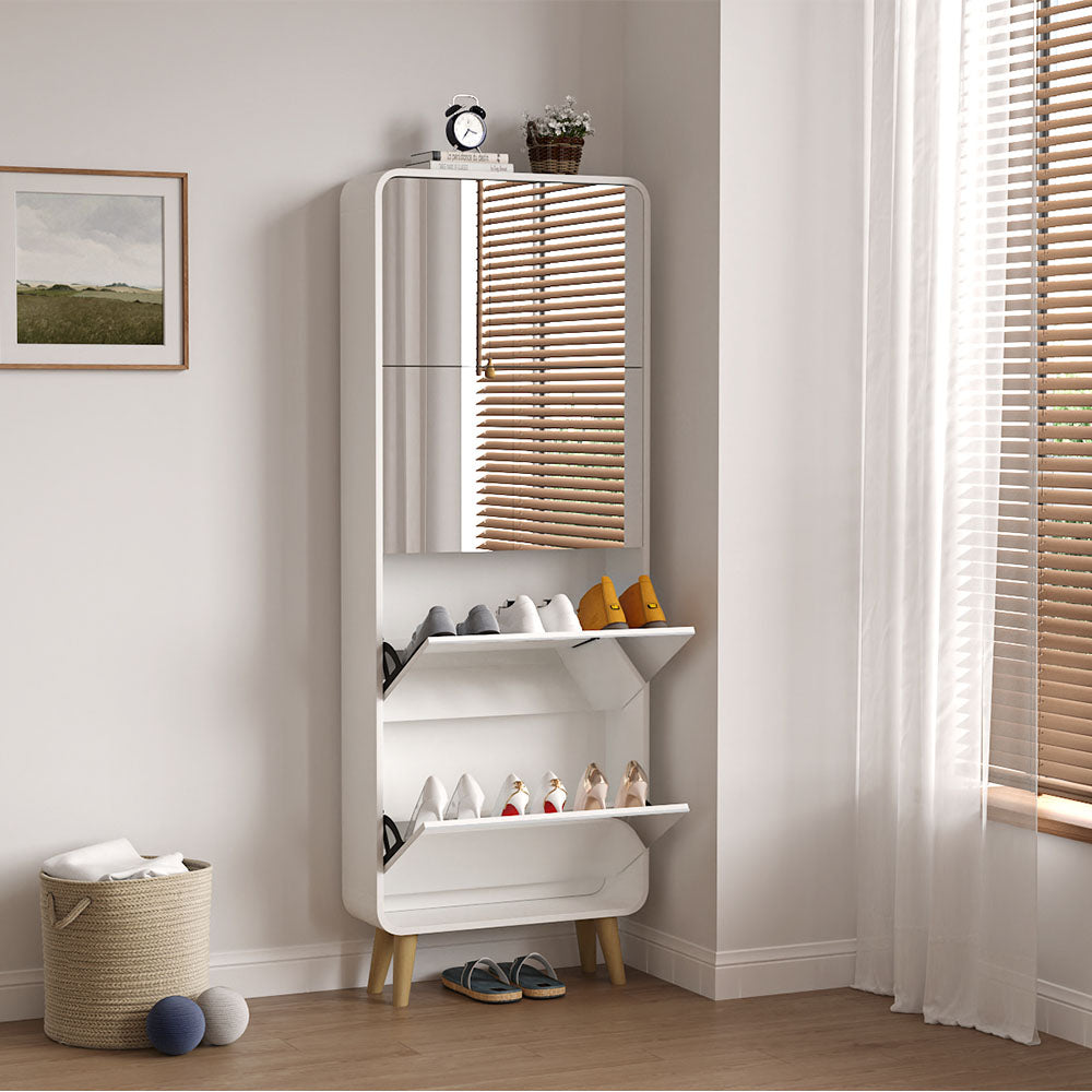 Mirror Shoe Cabinet with 4 Flip Drawers, Wooden Shoe Organizer with Solid Wood Legs, Full Length Mirror Shoe Rack, Narrow Shoe Storage Cabinet for Entryway, White