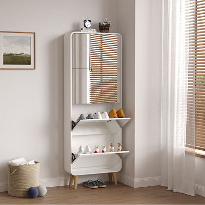 Mirror Shoe Cabinet with 4 Flip Drawers, Wooden Shoe Organizer with Solid Wood Legs, Full Length Mirror Shoe Rack, Narrow Shoe Storage Cabinet for Entryway, White