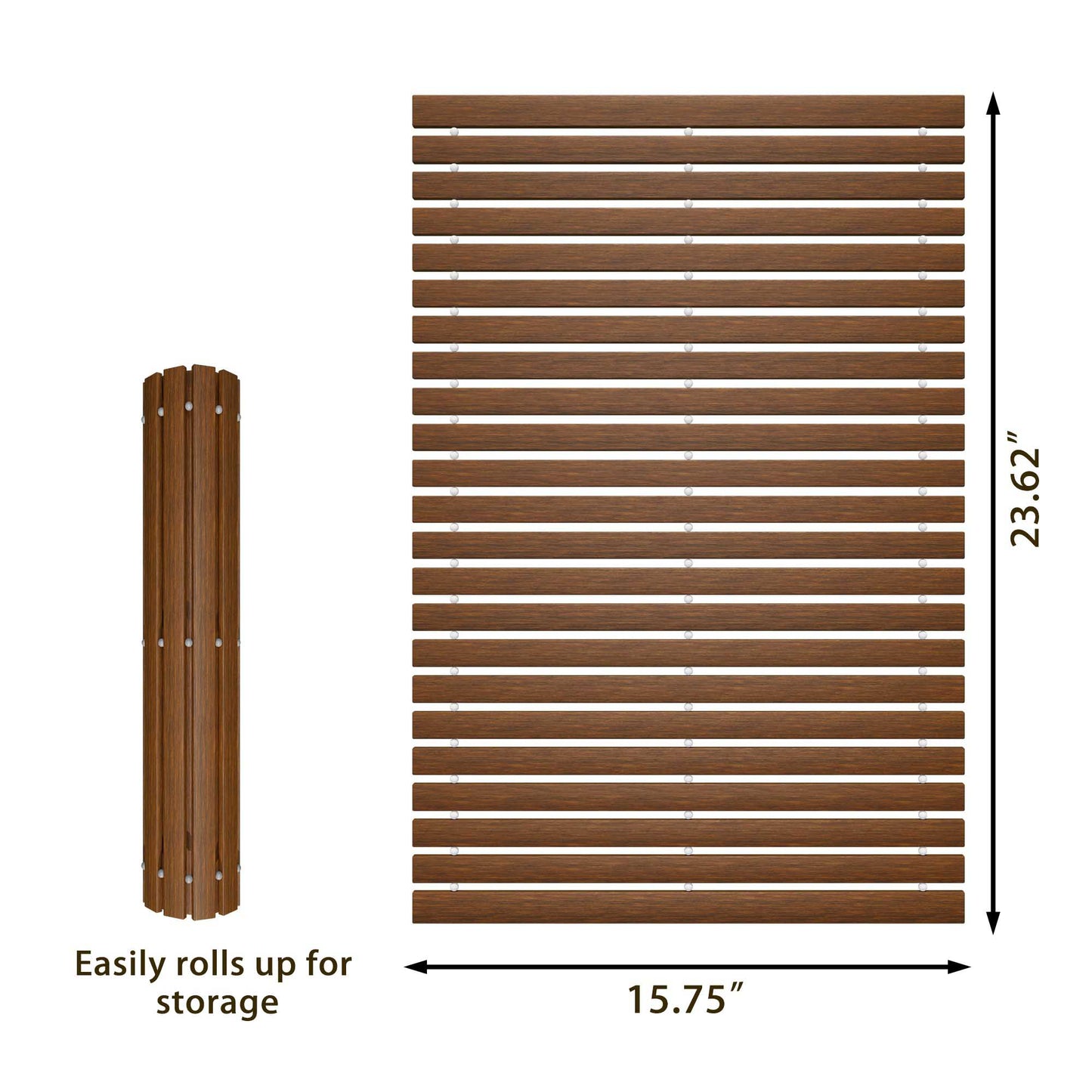 Teak Wood Bath Mat, Non Slip Bathroom Floor Mat for Spa, Bathtub and Outdoor, Roll Up for Easy Storage, L23.62"xW15.75"XH0.24"