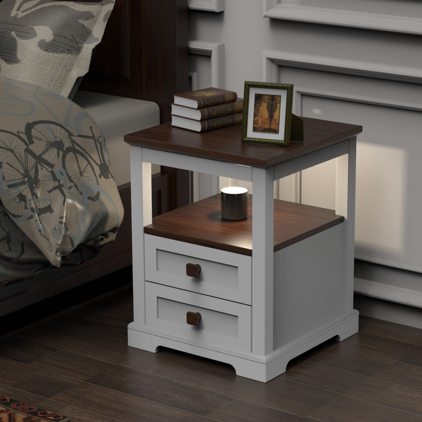 Smart Nightstand with Dimmable Aromatherapy Lamp & Timer, Modern Farmhouse End Table with 2 Drawers