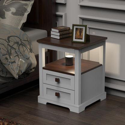 Smart Nightstand with Dimmable Aromatherapy Lamp & Timer, Modern Farmhouse End Table with 2 Drawers
