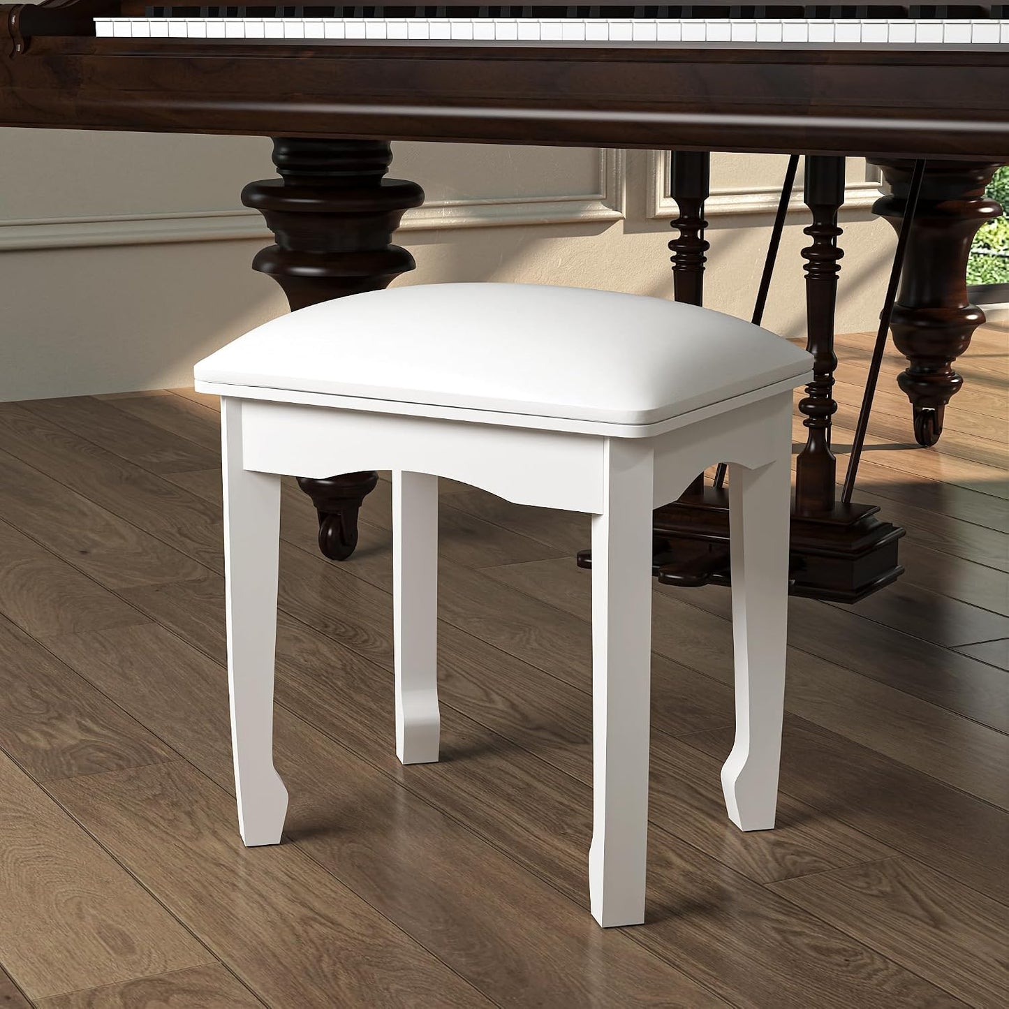 Square Vanity Stool Chair with High Elastic Cotton Cushion, Modern Padded Makeup Bench, White Ottoman for Bathroom, Living Room, Piano Use
