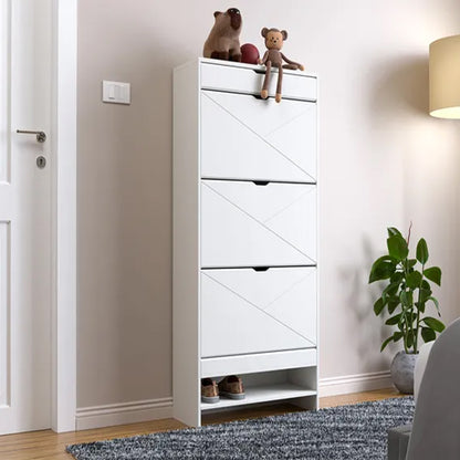 Modern 3-Tier Flip Shoe Cabinet with Top Drawer - Slim Free-Standing Organizer