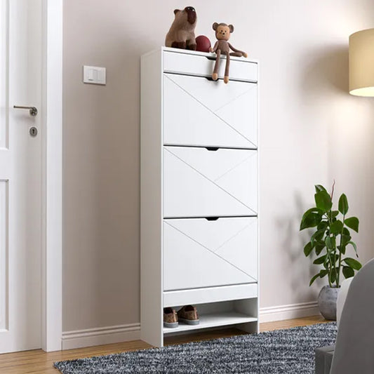White Slim Shoe Cabinet for Entryway, 3-Tier Flip Drawer Shoe Storage Organizer with Open Shelf, Modern Narrow Shoe Cabinet for Small Spaces