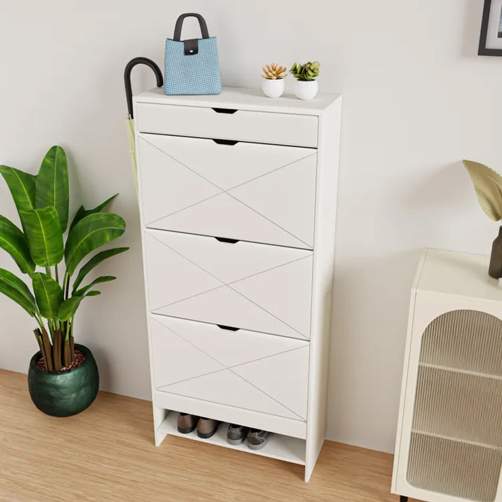 Modern 3-Tier Flip Shoe Cabinet with Top Drawer - Slim Free-Standing Organizer